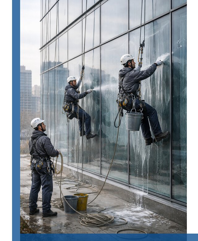 Промышленная мойка панорамных окон на высоте в Чехове