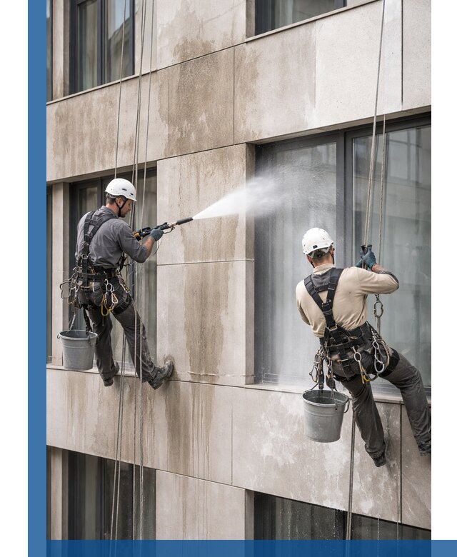 Послестроительная мойка фасада промышленным альпинизмом в Чехове