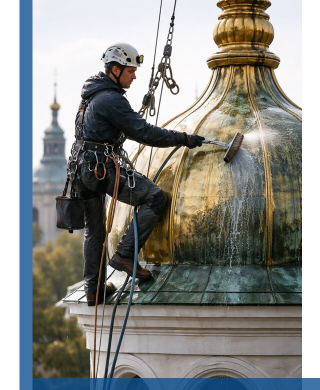 Профессиональная мойка куполов и шпилей высотными альпинистами в Чехове