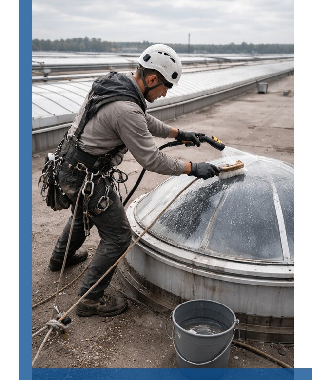 Мойка зенитных фонарей на кровле для промышленных объектов в Чехове