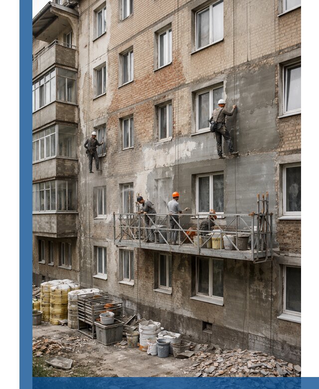 Капитальный ремонт фасада в Чехове с восстановлением и гидроизоляцией