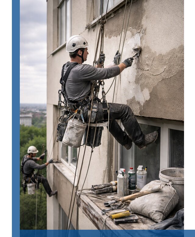 Косметический ремонт фасада зданий в Чехове промышленными альпинистами