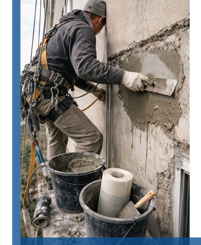 Ремонт бетонных элементов фасада промышленными альпинистами в Чехове