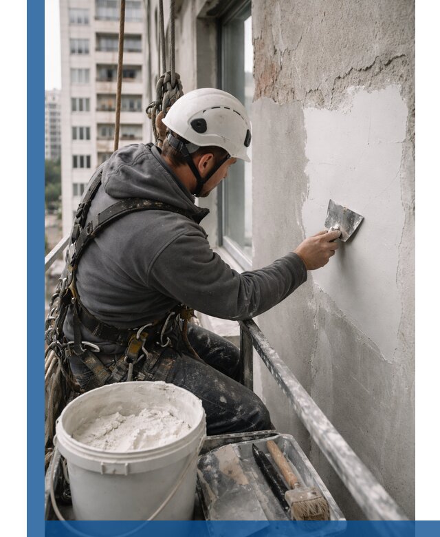 Шпаклевка фасадов на высоте с промальпинистами в Чехове