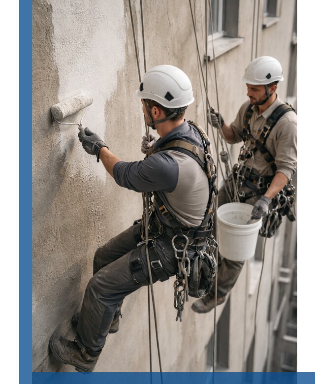 Грунтовка фасада на высоте в Чехове промышленными альпинистами