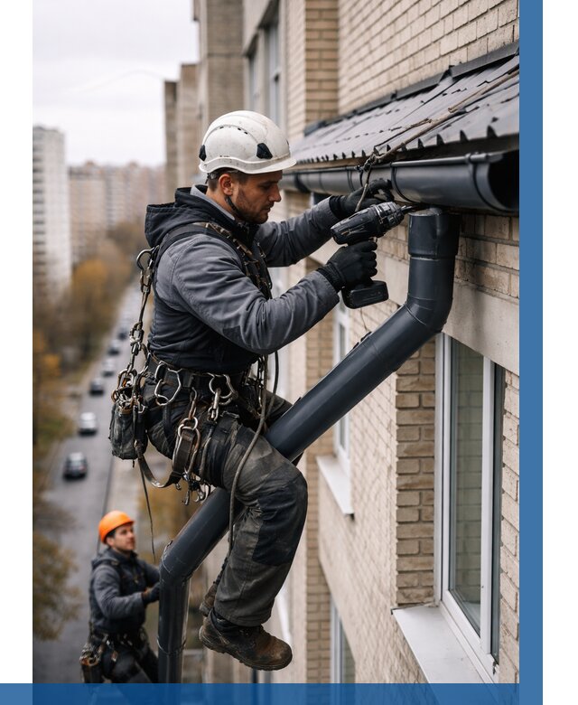 Монтаж водосточной системы на здании в Чехове от 5084 р. | ВЫСОТНИК-Чхв