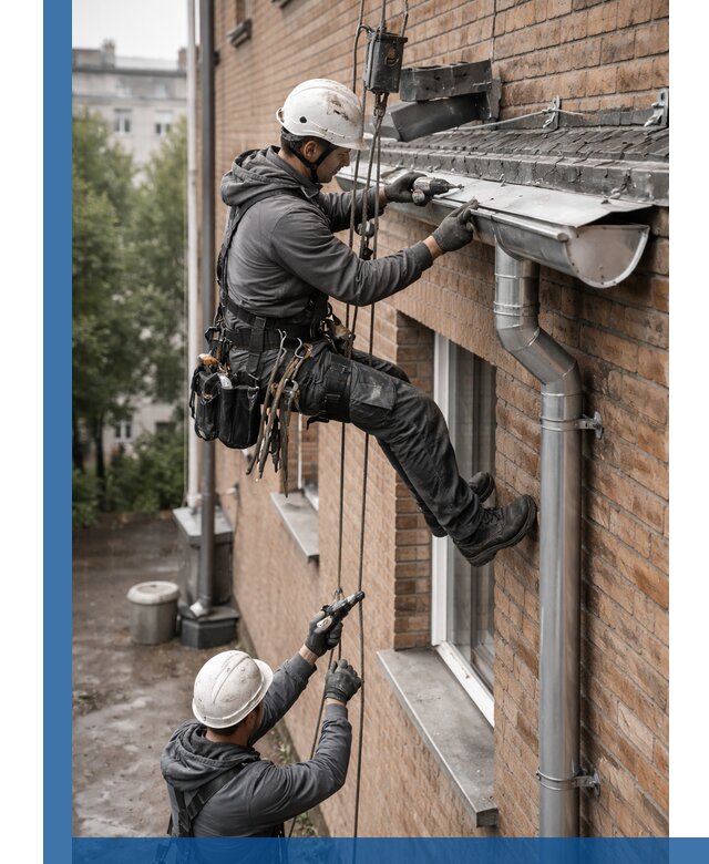 Монтаж водосточной системы на здании в Чехове под ключ