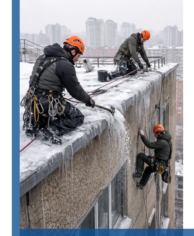 Удаление наледи с кровли в Чехове промышленными альпинистами