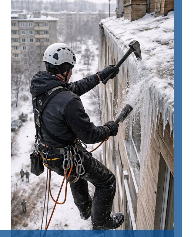 Сбивание сосулек с крыши в Чехове по цене от 4575 р. | ВЫСОТНИК-Чхв