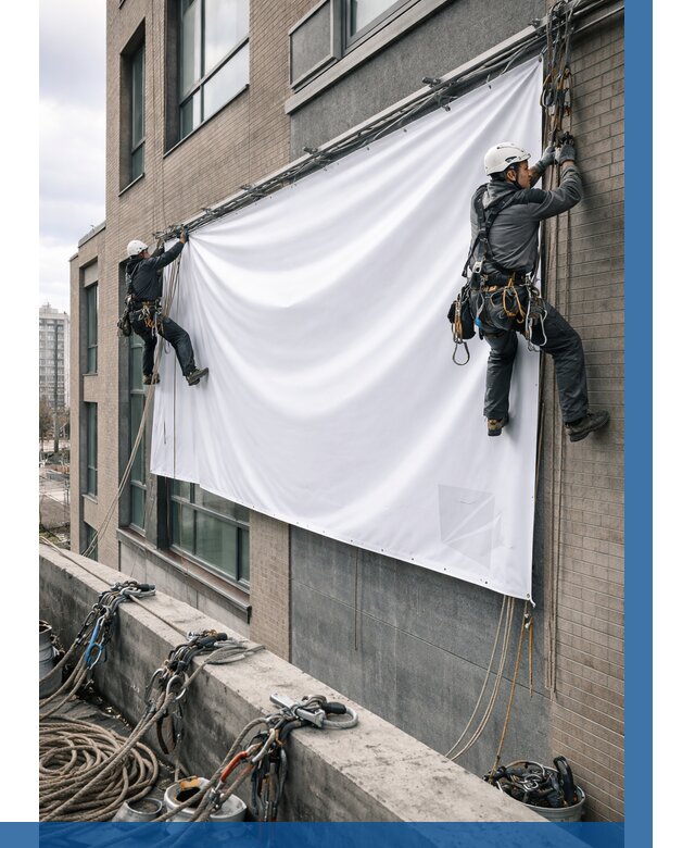 Монтаж баннеров на фасаде в Чехове от 661 р. заказать ВЫСОТНИК-Чхв