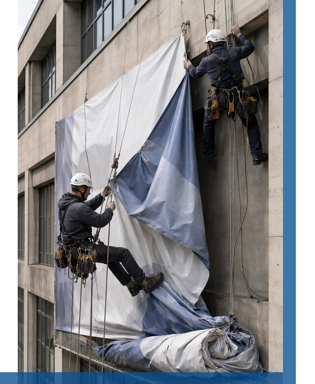 Демонтаж баннеров с фасада в Чехове от 4575 р. | ВЫСОТНИК-Чхв