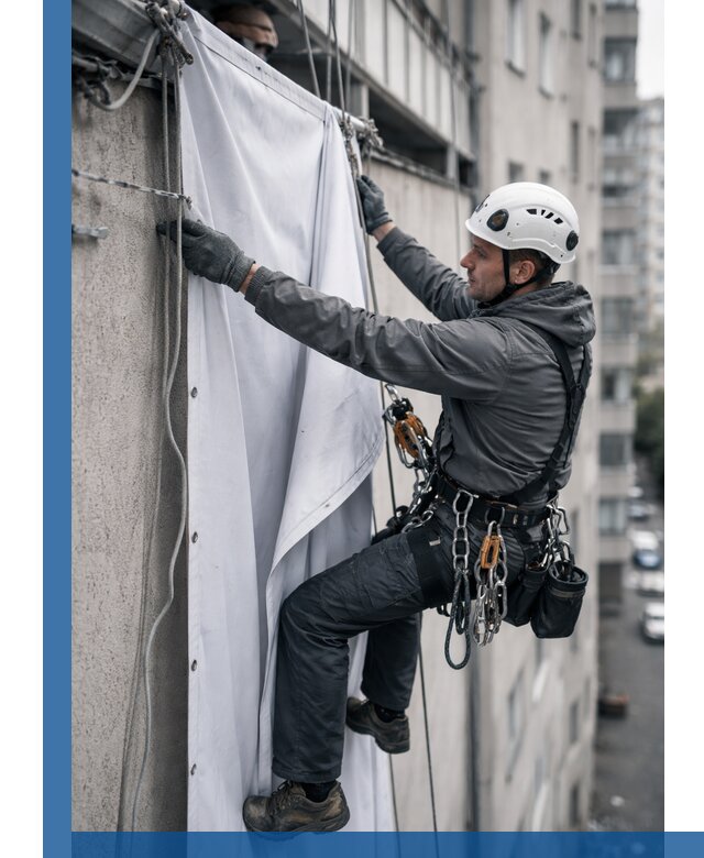 Замена баннерного полотна промышленными альпинистами в Чехове