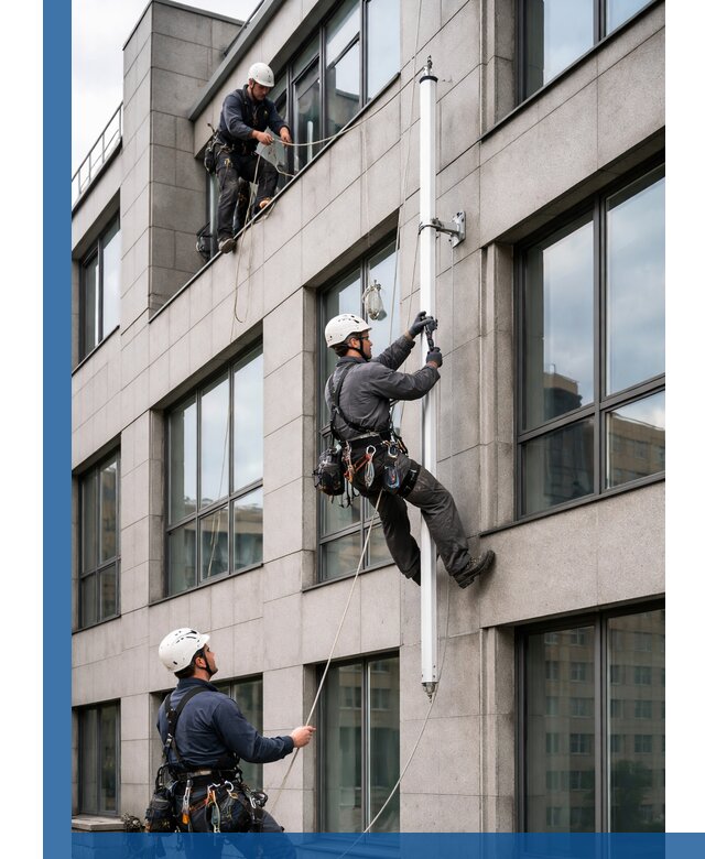 Монтаж флагштока на фасаде здания с креплением и герметикой в Чехове