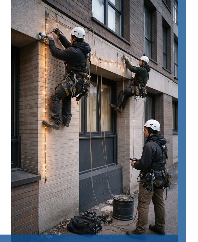 Монтаж гирлянд на фасаде в Чехове от 3558 р. | ВЫСОТНИК-Чхв