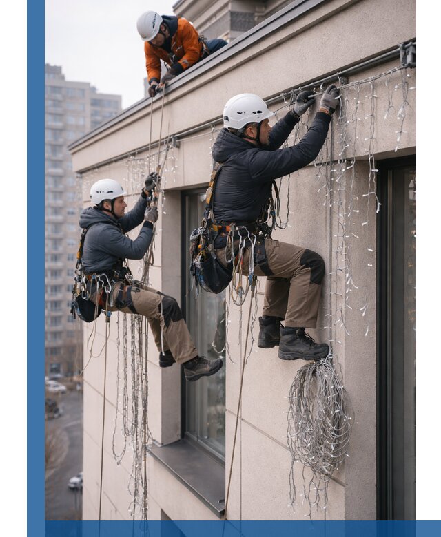 Монтаж праздничных гирлянд на фасаде в Чехове для зданий