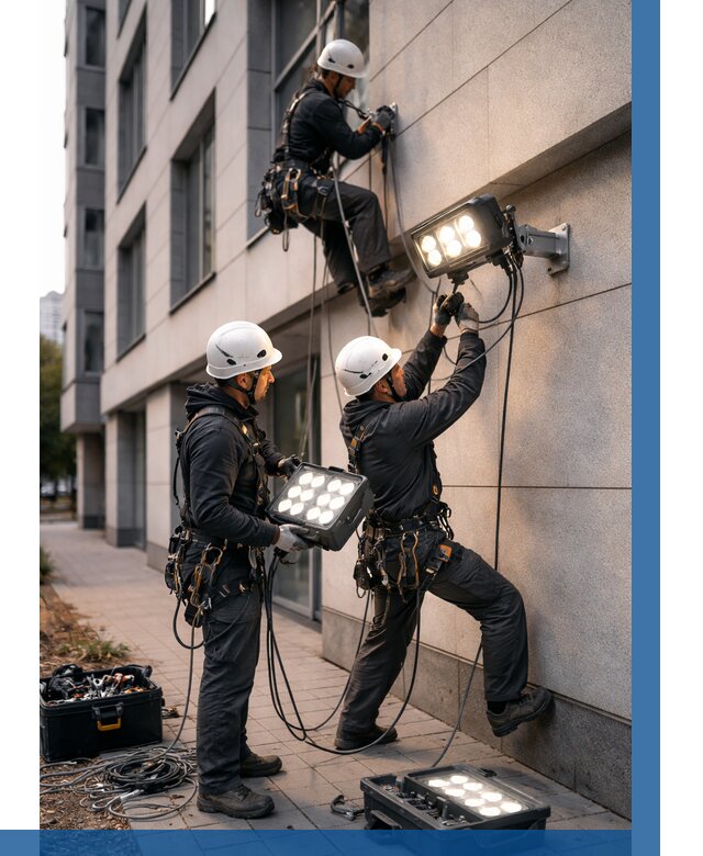 Монтаж прожекторов на фасаде в Чехове от 7625 р. | ВЫСОТНИК-Чхв