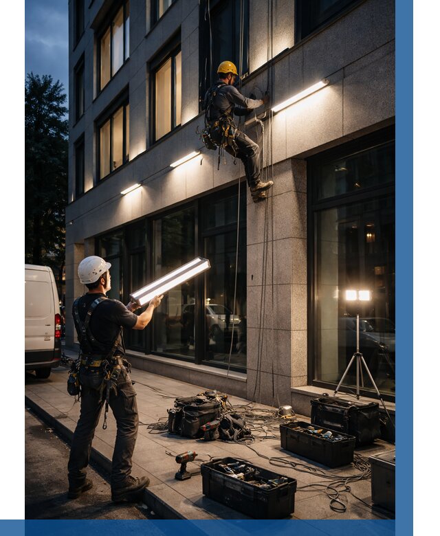 Монтаж архитектурной подсветки здания в Чехове от 2542 р.|ВЫСОТНИК-Чхв