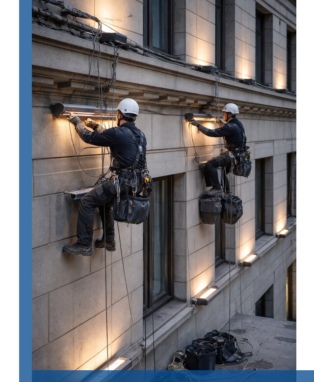 Монтаж архитектурной подсветки фасадов зданий в Чехове