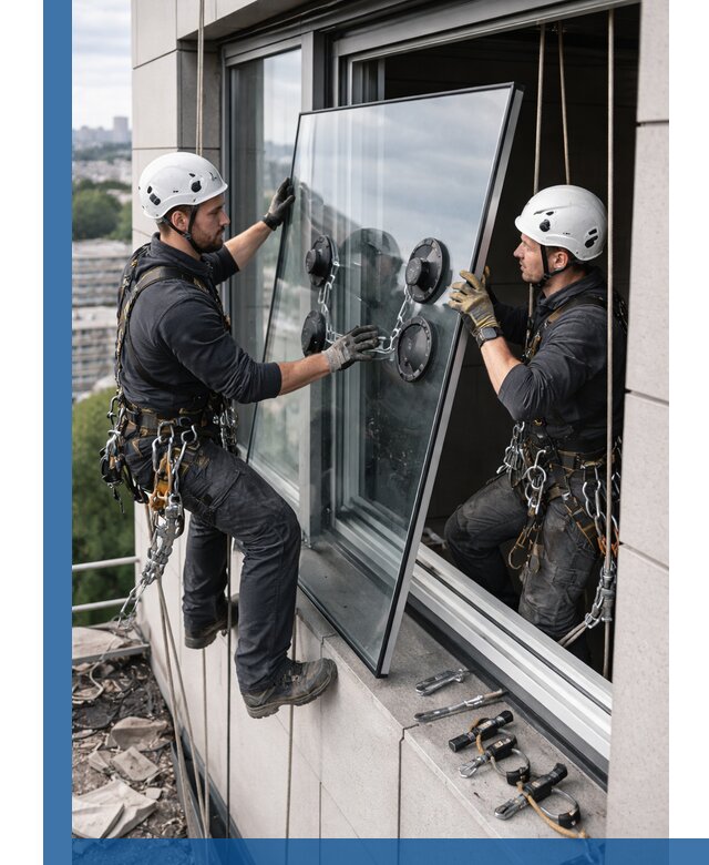 Замена стеклопакетов на высоте с промышленными альпинистами в Чехове