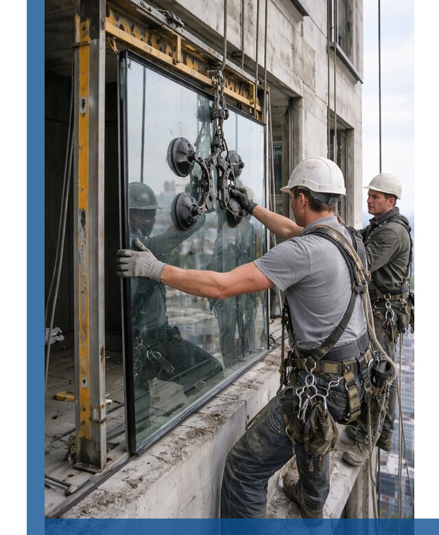 Монтаж стеклопакетов на высоте в Чехове с промышленным альпинизмом