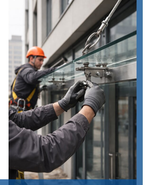 Монтаж стеклянных козырьков в Чехове от 8642 р. | ВЫСОТНИК-Чхв