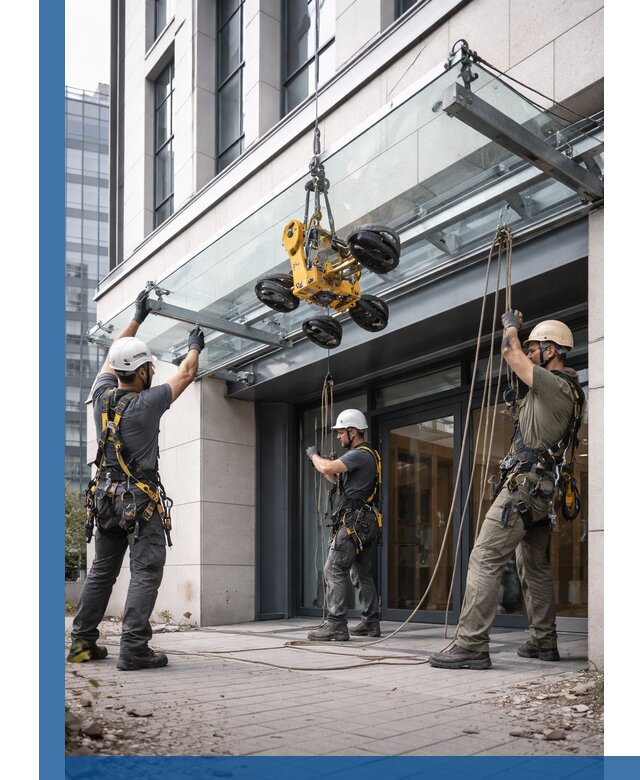 Монтаж стеклянных козырьков под ключ в Чехове для зданий