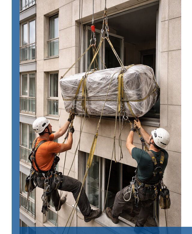 Подъем грузов через окно в Чехове промышленными альпинистами