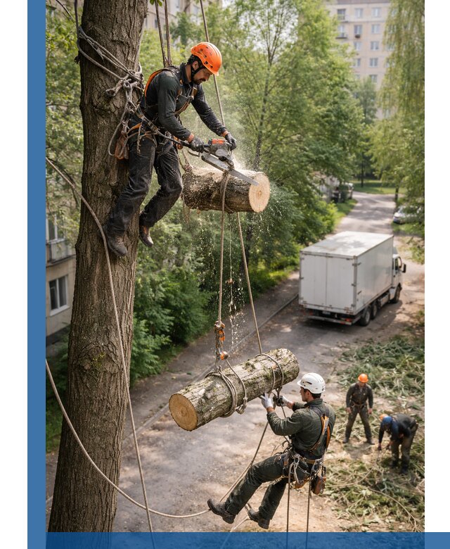 Спил деревьев альпинистами в Чехове, безопасно и без повреждений